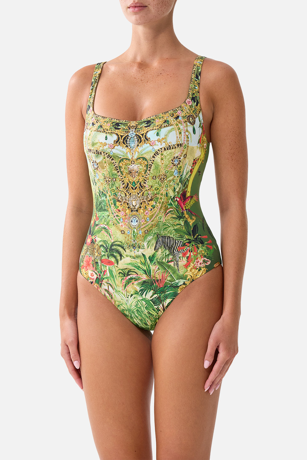 The CAMILLA Underwire Square Neck One Piece W/ Scoop Back Wanderlust Empire in our Wanderlust Empire print.