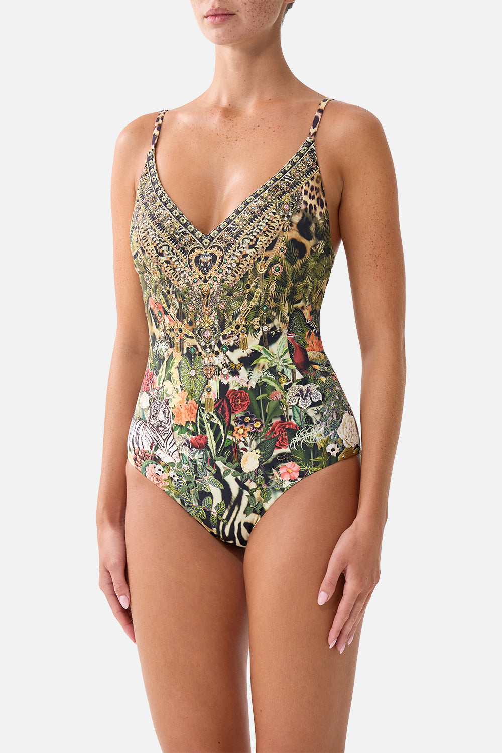 The CAMILLA V Neck Underwire One Piece W/ Back Closure Leotigra Land in our Leotigra Land print.
