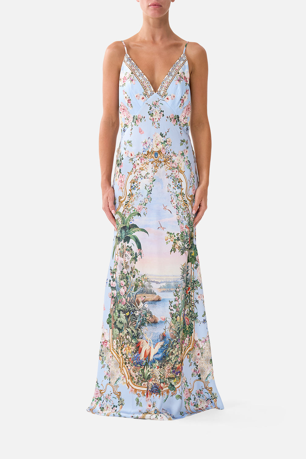 The CAMILLA V Neck Full Length Bias Slip Dress Sisi Society in our Sisi Society print.