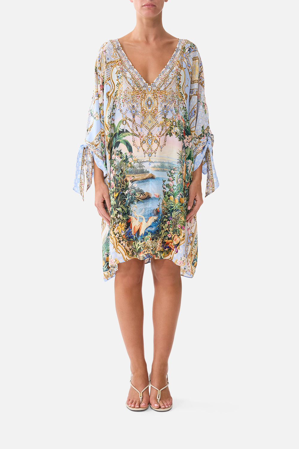 The CAMILLA Tie Sleeve Short V Neck Kaftan Sisi Society in our Sisi Society print.