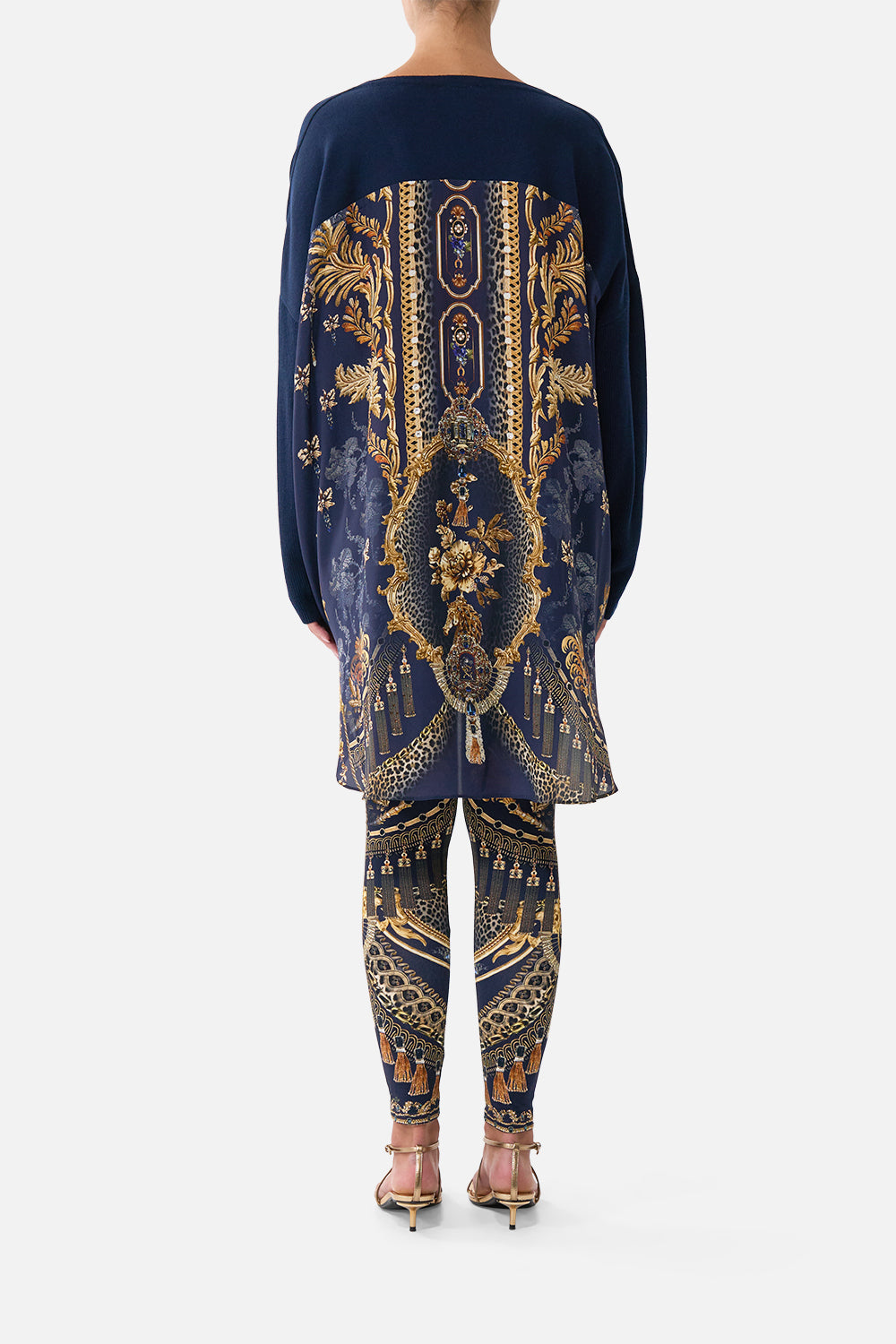 The CAMILLA V Neck Jumper with Silk Back in our Cloaked in Baroque print, back view on model.