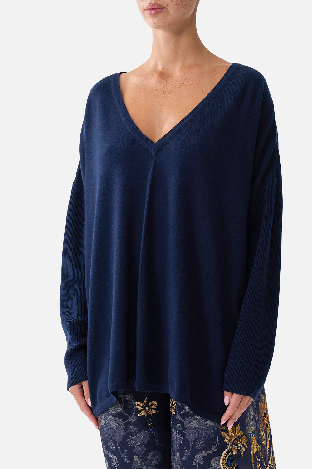 The CAMILLA V Neck Jumper with Silk Back in our Cloaked in Baroque print, detail view on model.
