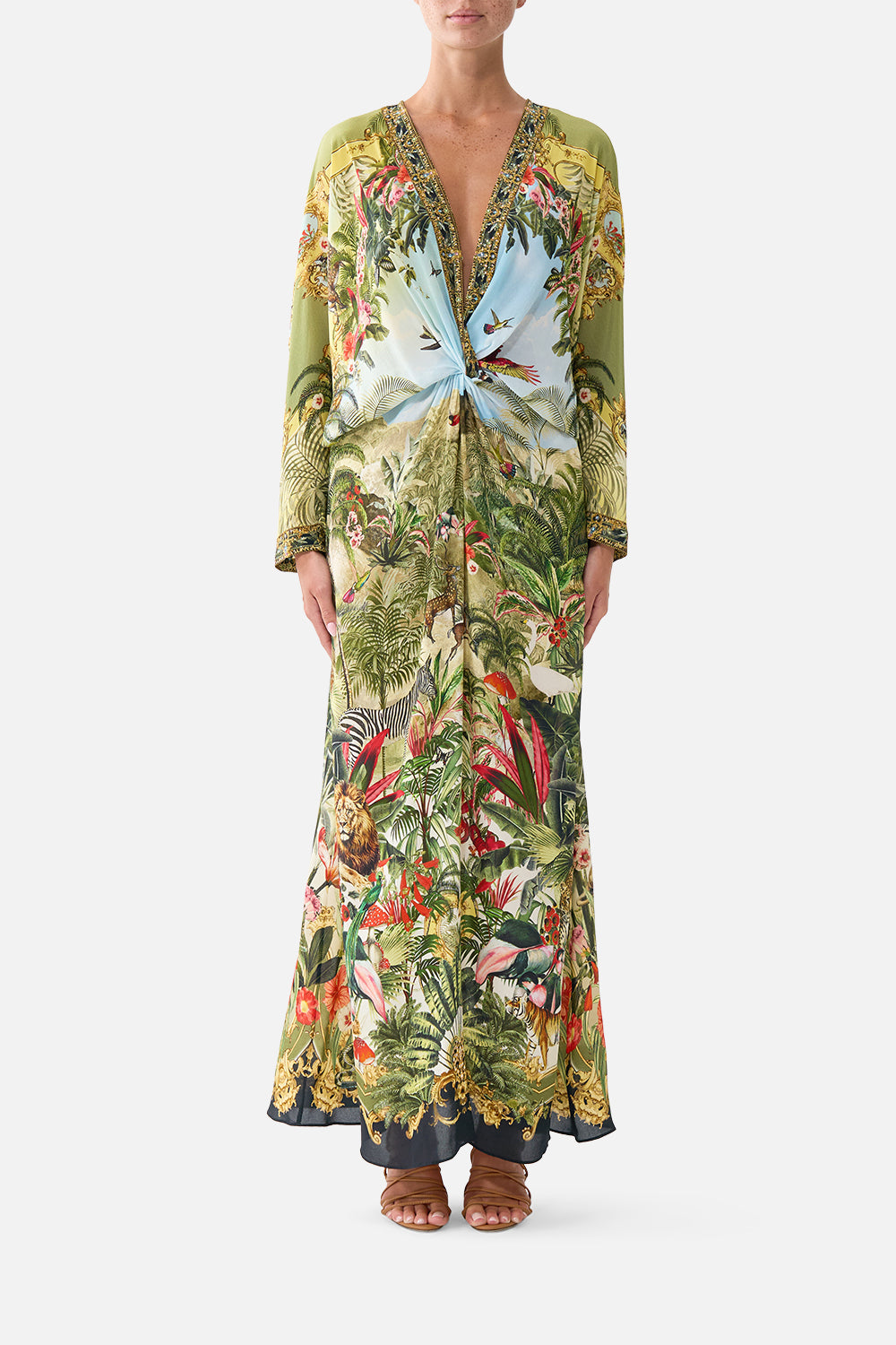 The CAMILLA Twist Front Batwing Dress Wanderlust Empire in our Wanderlust Empire print.