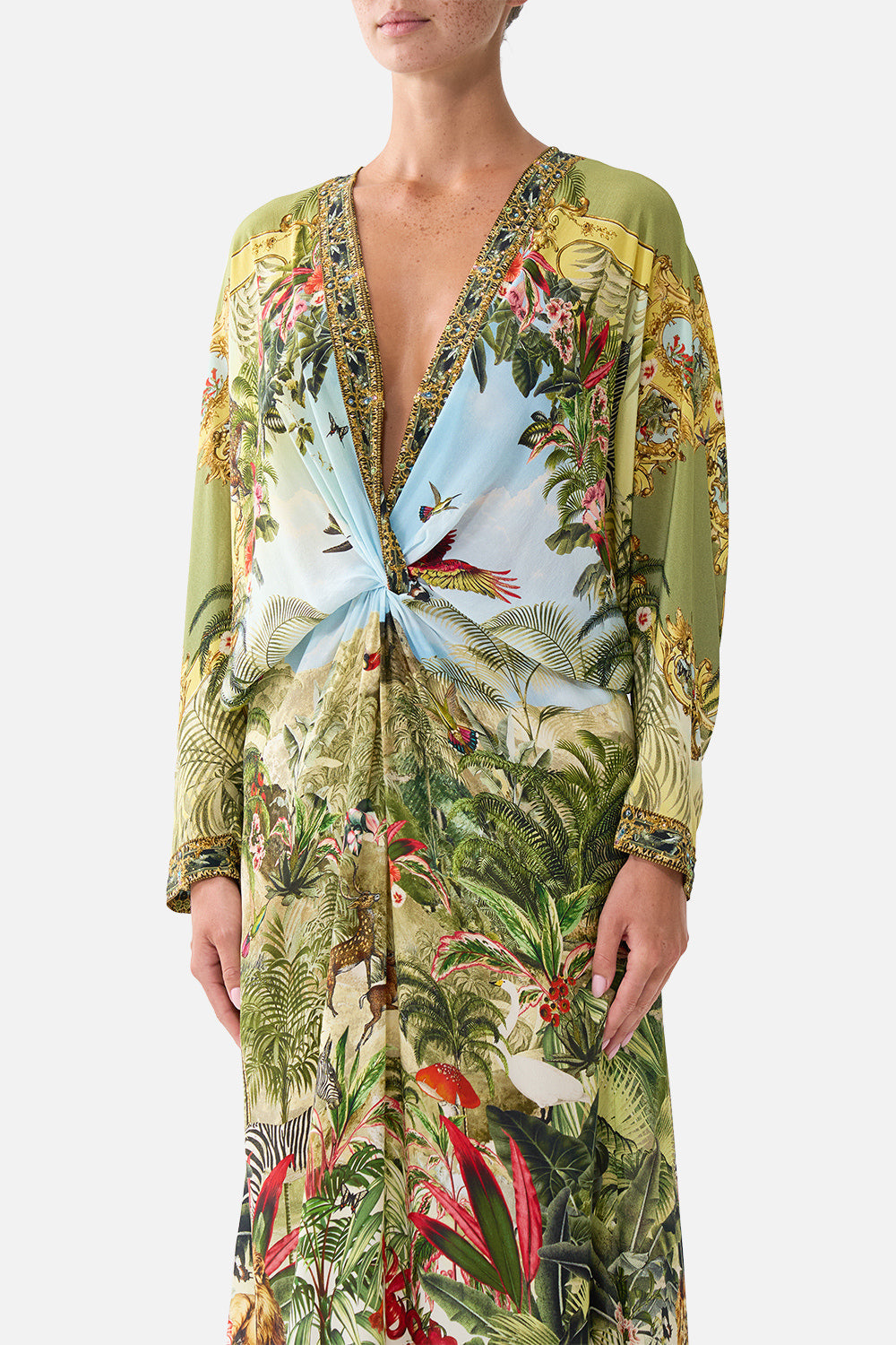 The CAMILLA Twist Front Batwing Dress Wanderlust Empire in our Wanderlust Empire print.