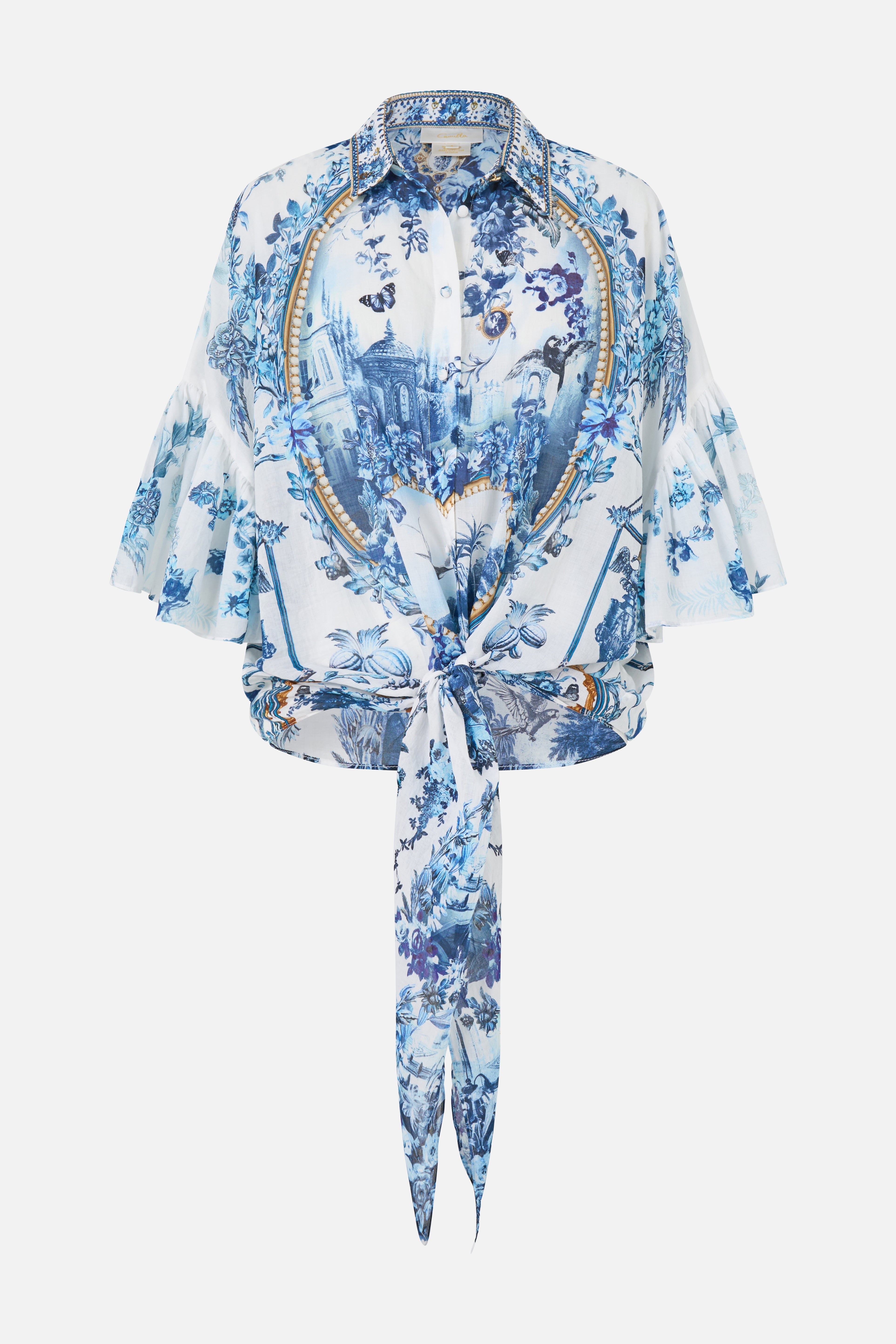 The CAMILLA Tie Front Shirt With Sleeve Frill The Porcelain Parlour in our The Porcelain Parlour print.