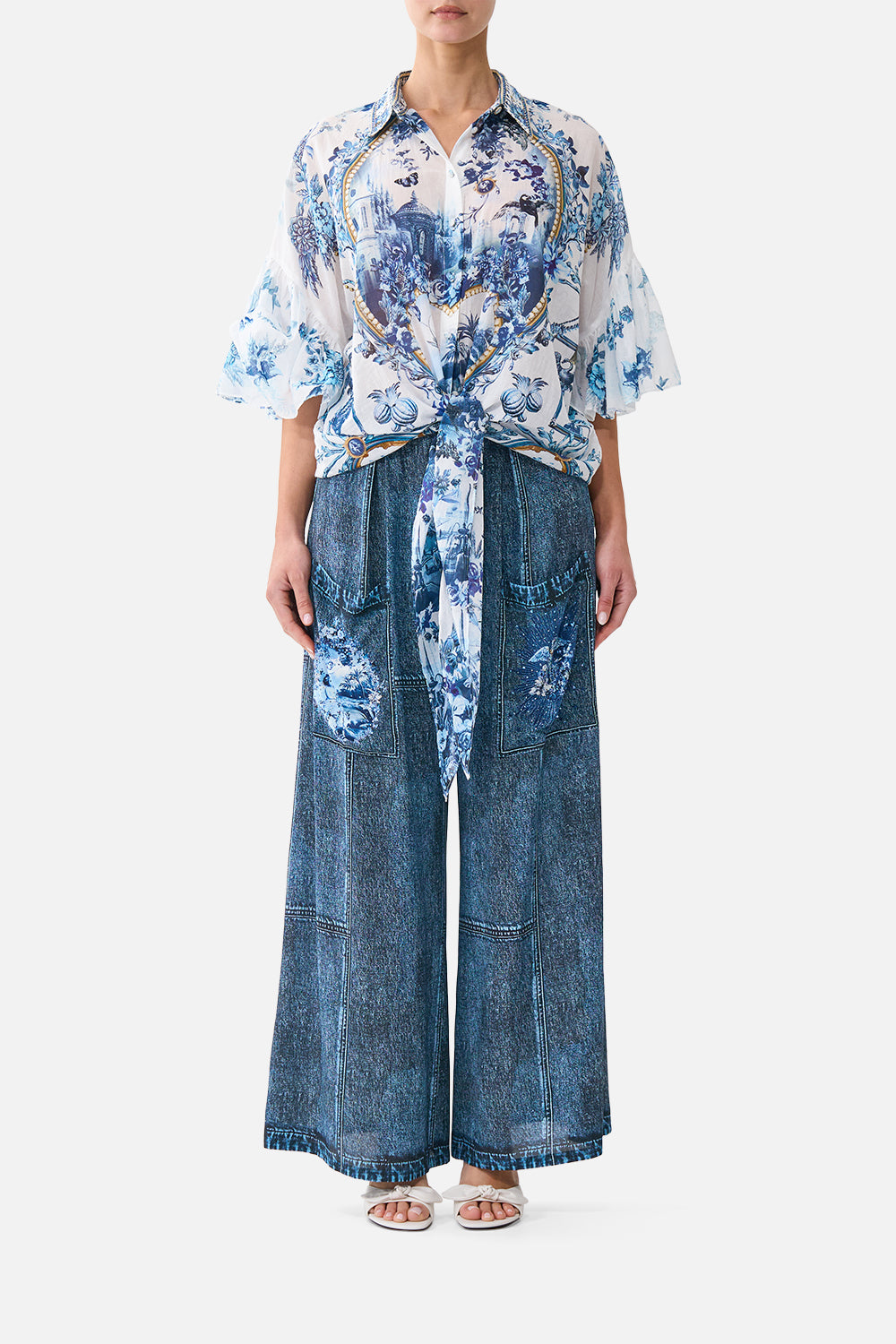 The CAMILLA Tie Front Shirt With Sleeve Frill The Porcelain Parlour in our The Porcelain Parlour print.