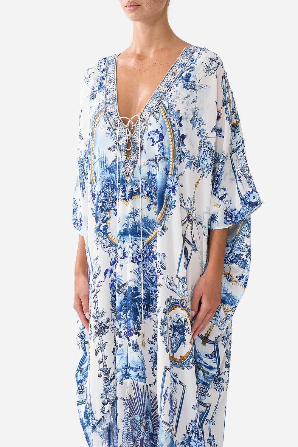 The CAMILLA Lace Up Kaftan With Hem Ruffle The Porcelain Parlour in our The Porcelain Parlour print.
