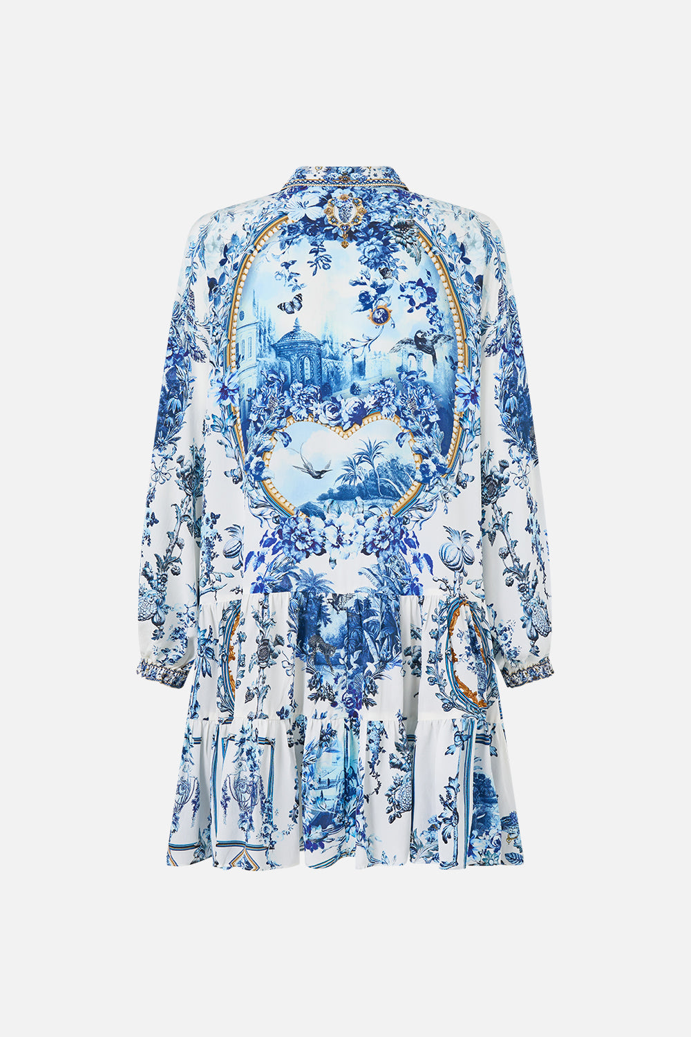 The CAMILLA Long Sleeve Tiered Short Dress The Porcelain Parlour in our The Porcelain Parlour print.