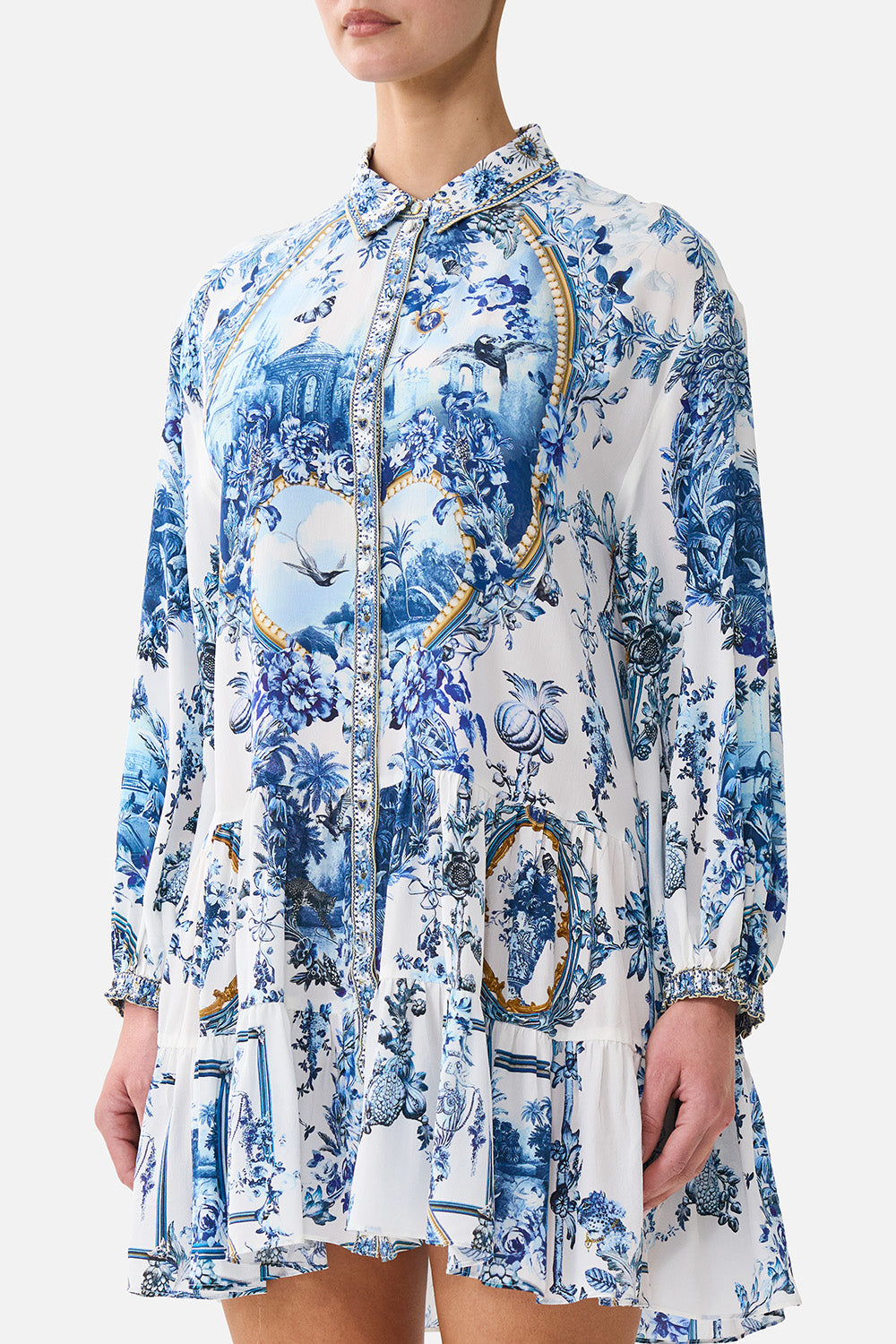 The CAMILLA Long Sleeve Tiered Short Dress The Porcelain Parlour in our The Porcelain Parlour print.