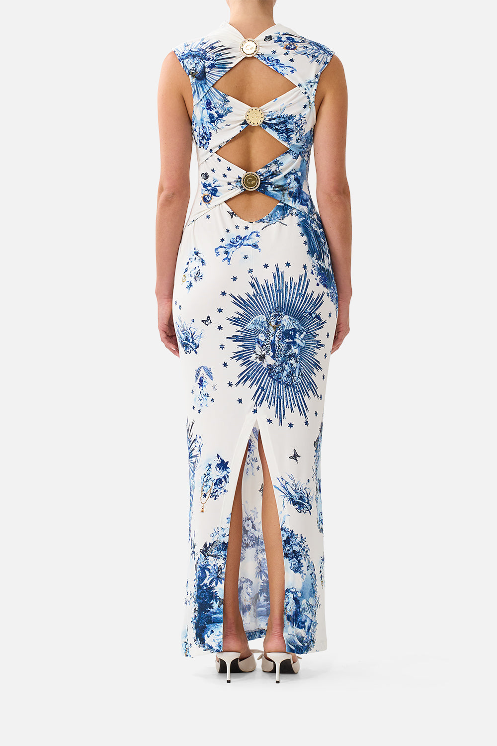 The CAMILLA Back Detail Tank Dress in our The Porcelain Parlour print, back view on model.