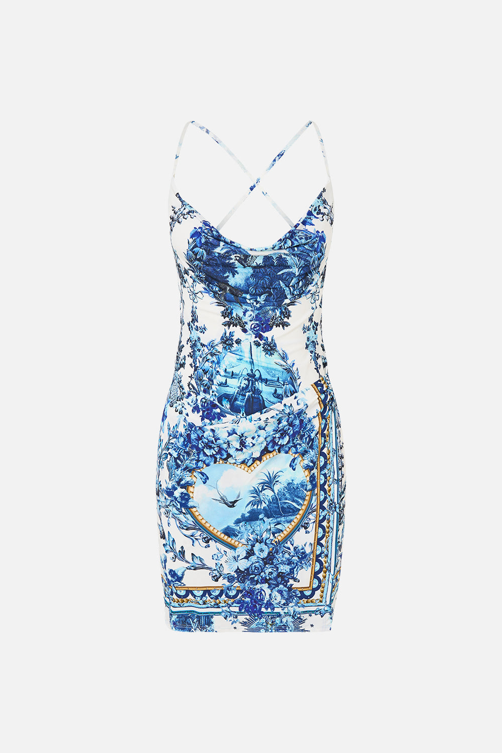 The CAMILLA Drape Jersey Mini Dress The Porcelain Parlour in our The Porcelain Parlour print.