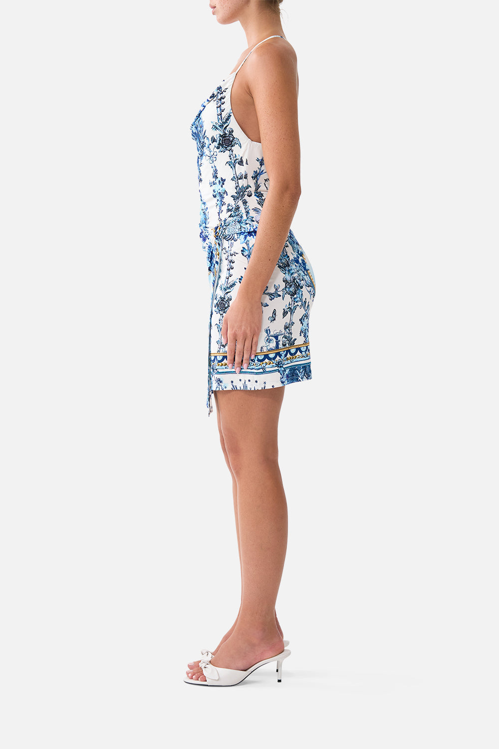 The CAMILLA Drape Jersey Mini Dress The Porcelain Parlour in our The Porcelain Parlour print.