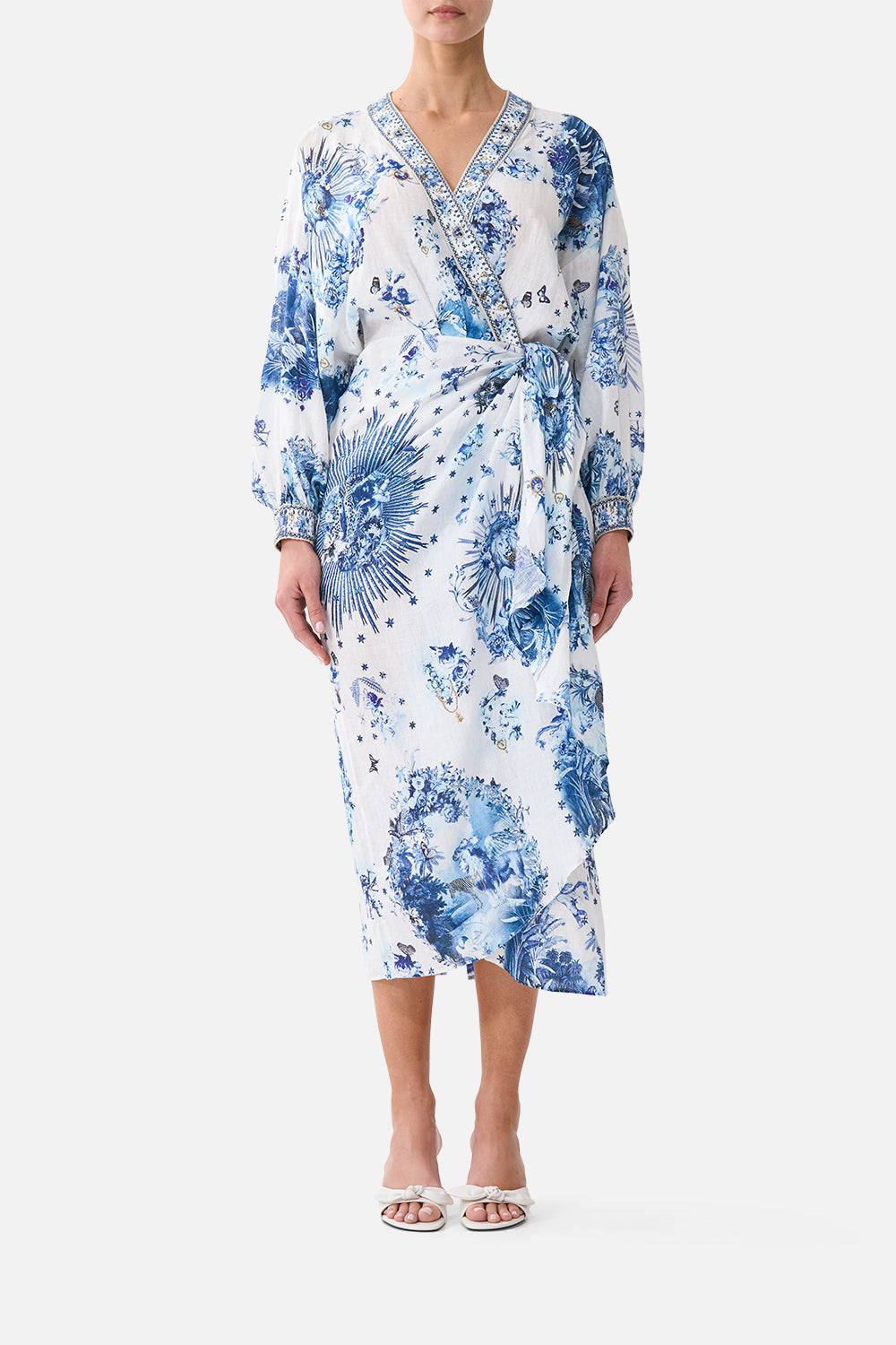 The CAMILLA Wrap Midi Dress The Porcelain Parlour in our The Porcelain Parlour print.