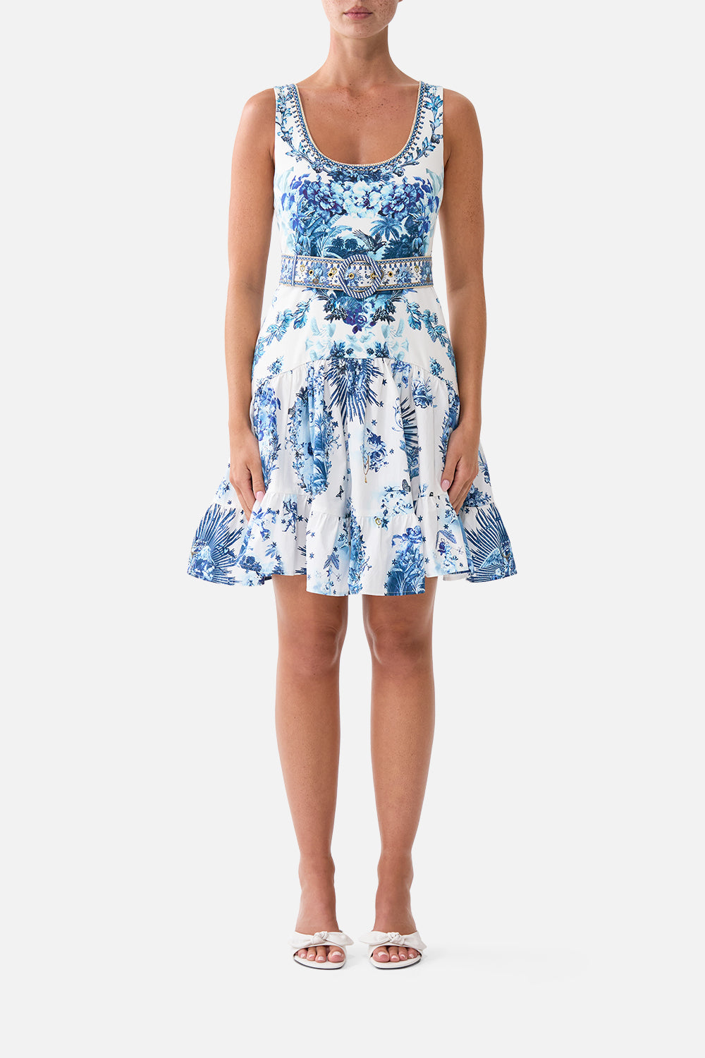 The CAMILLA Jersey Bodice Short Dress With Belt The Porcelain Parlour in our The Porcelain Parlour print.