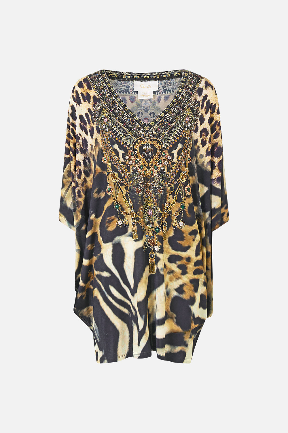 The CAMILLA Bat Sleeve Dress in our Leotigra Land print, front view.