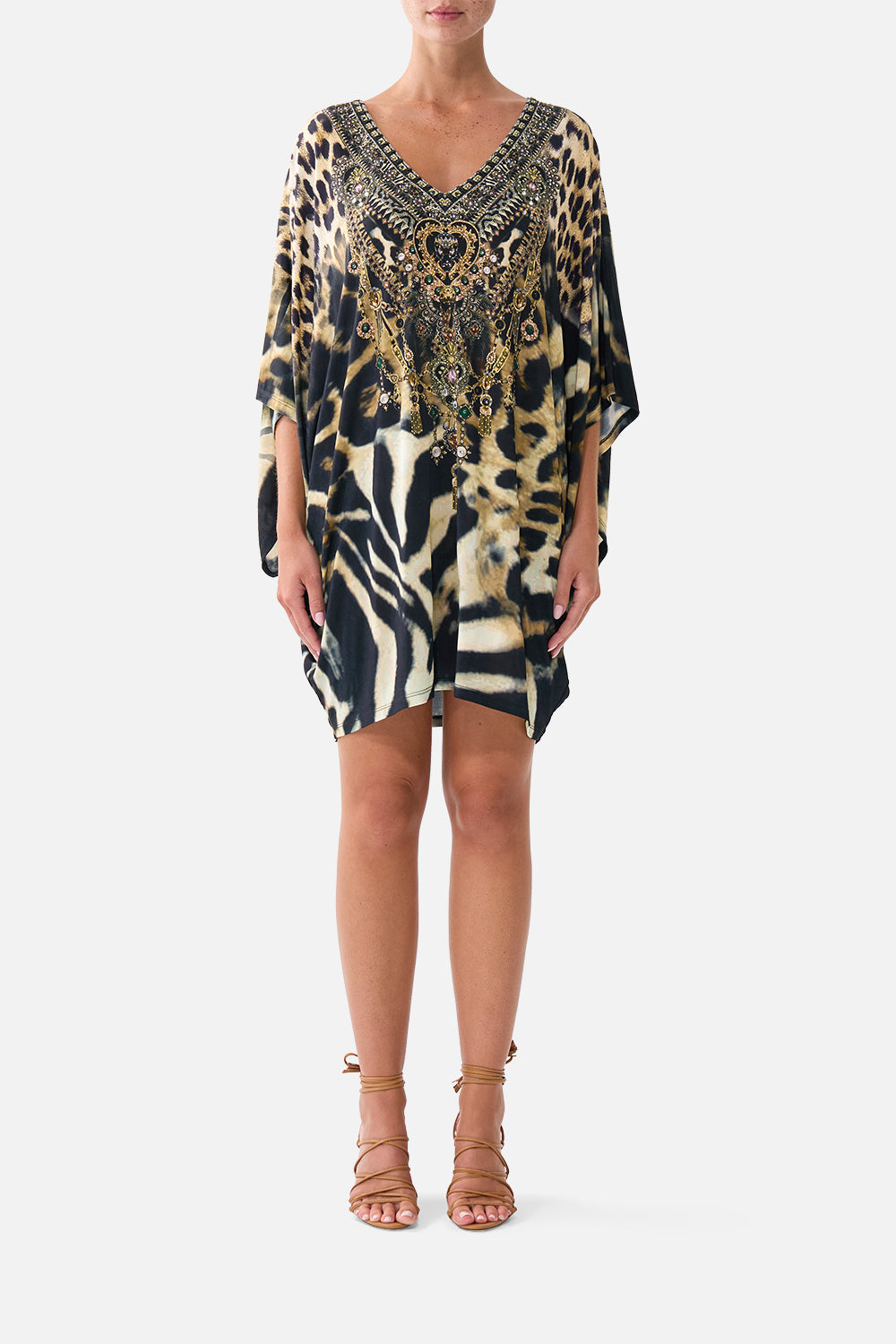 The CAMILLA Bat Sleeve Dress in our Leotigra Land print, front view on model.