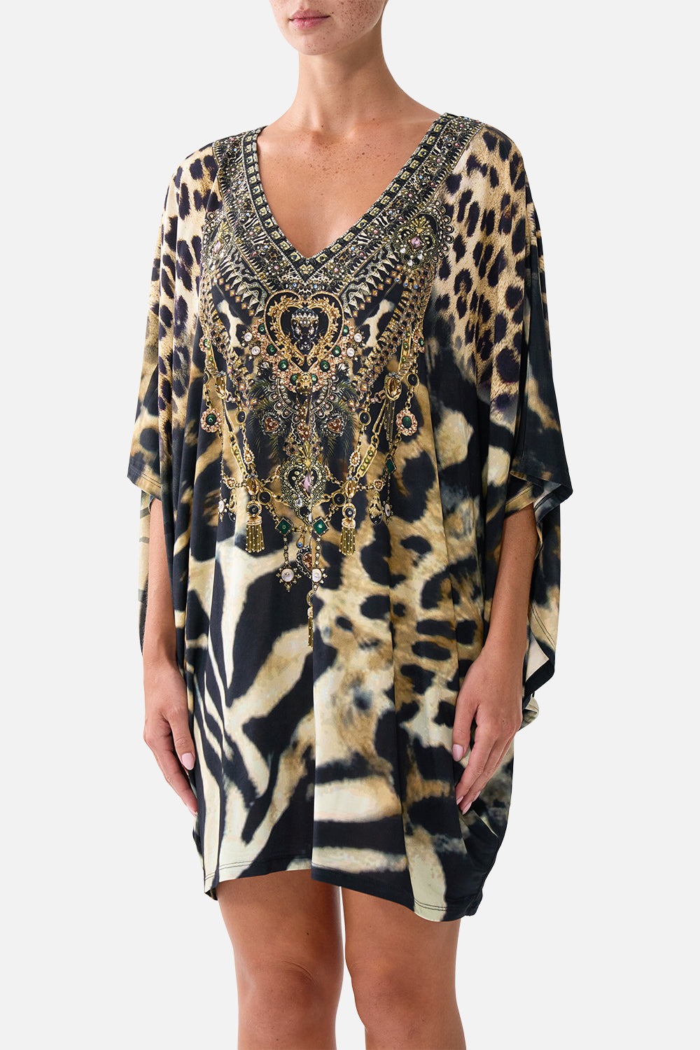 The CAMILLA Bat Sleeve Dress in our Leotigra Land print, detail view on model.