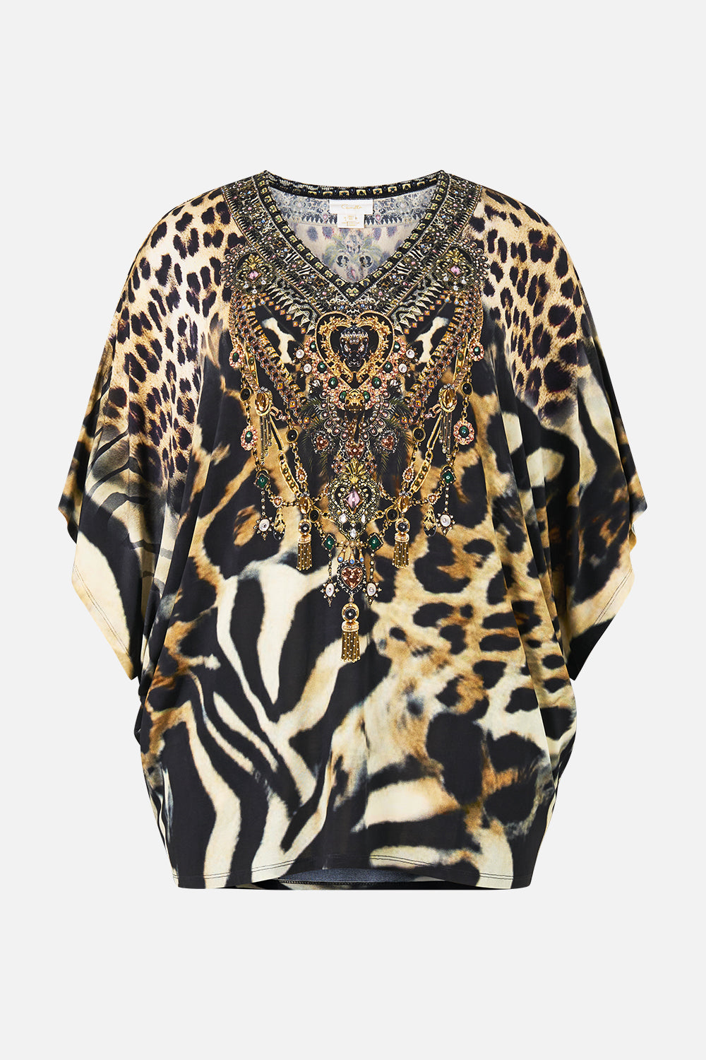 The CAMILLA Bat Sleeve Dress in our Leotigra Land print, front view.