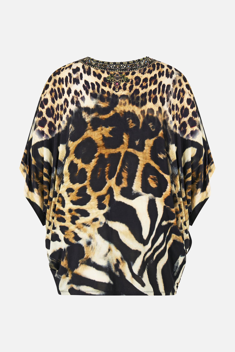 The CAMILLA Bat Sleeve Dress in our Leotigra Land print, back view.