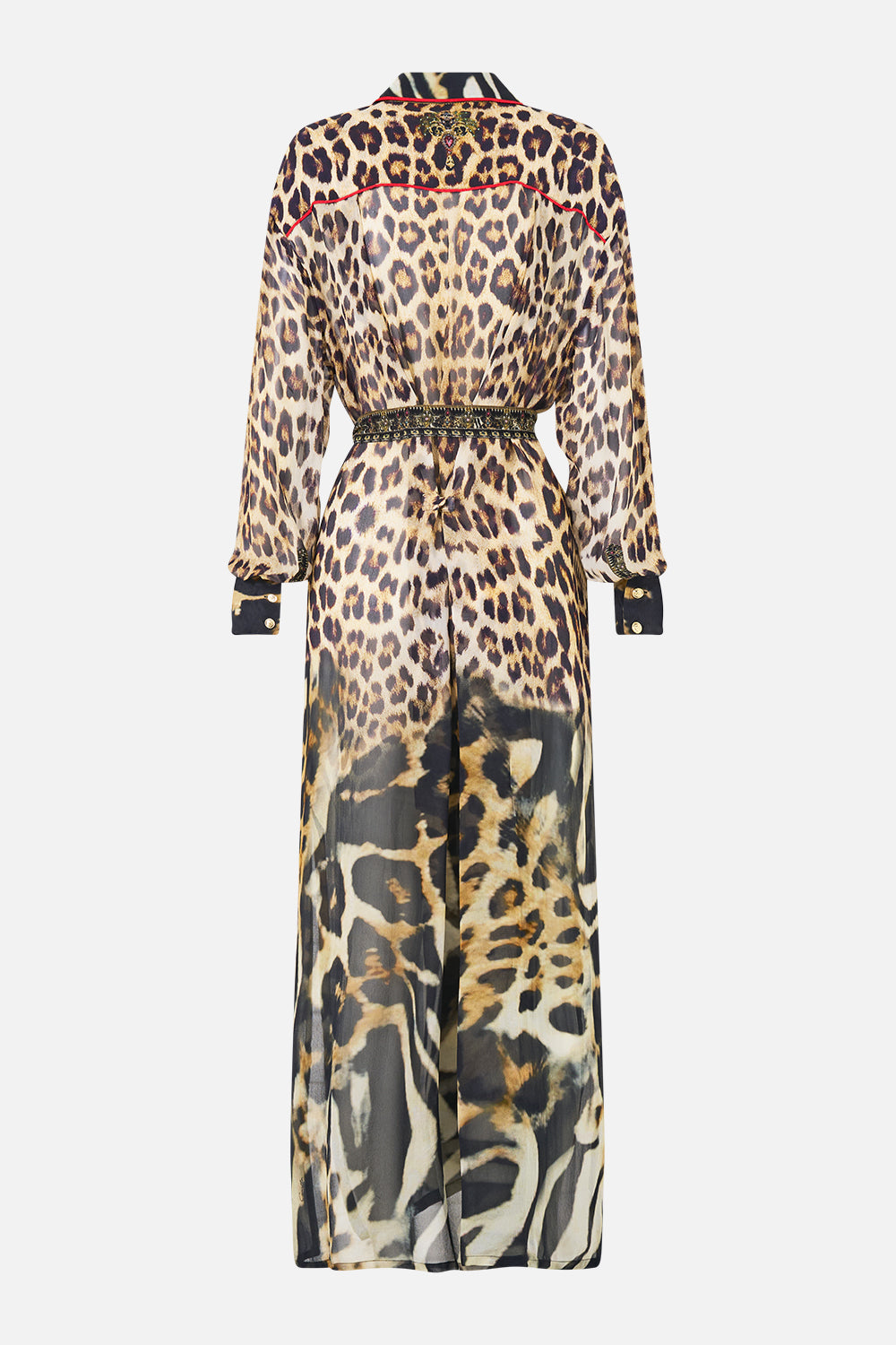 The CAMILLA Button Front Long Dress in our Leotigra Land print, back view.