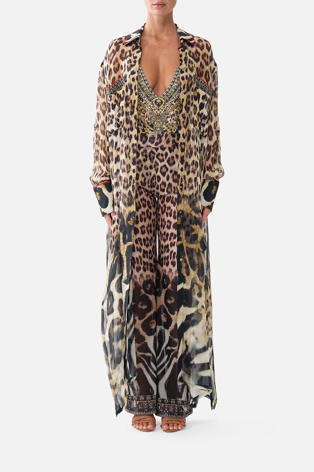The CAMILLA Button Front Long Dress Leotigra Land in our Leotigra Land print.