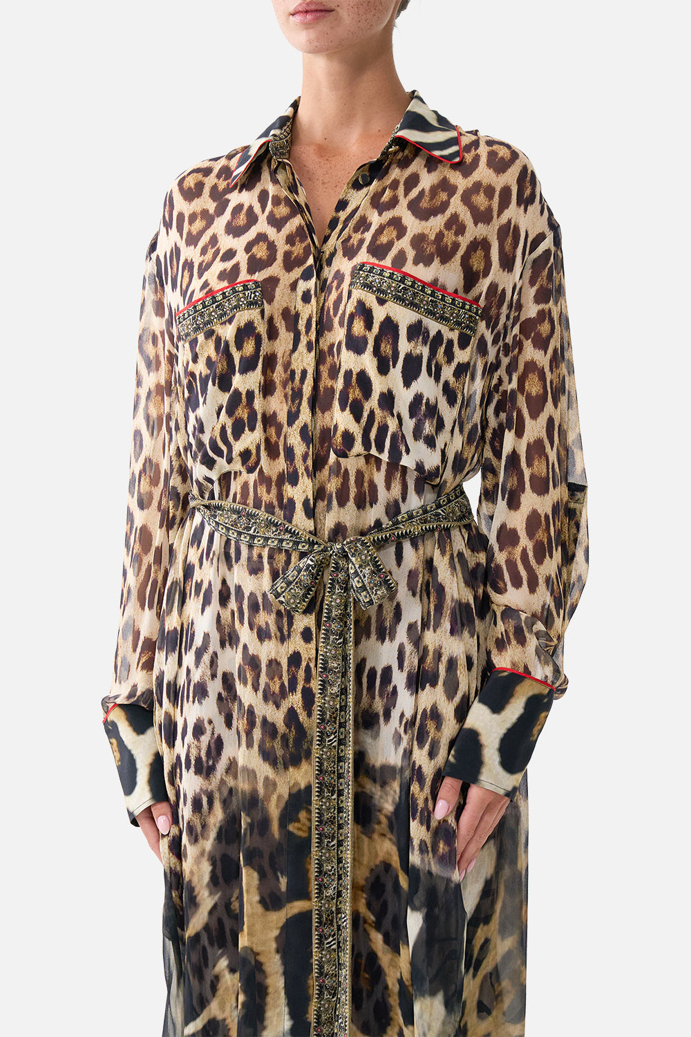 The CAMILLA Button Front Long Dress Leotigra Land in our Leotigra Land print.