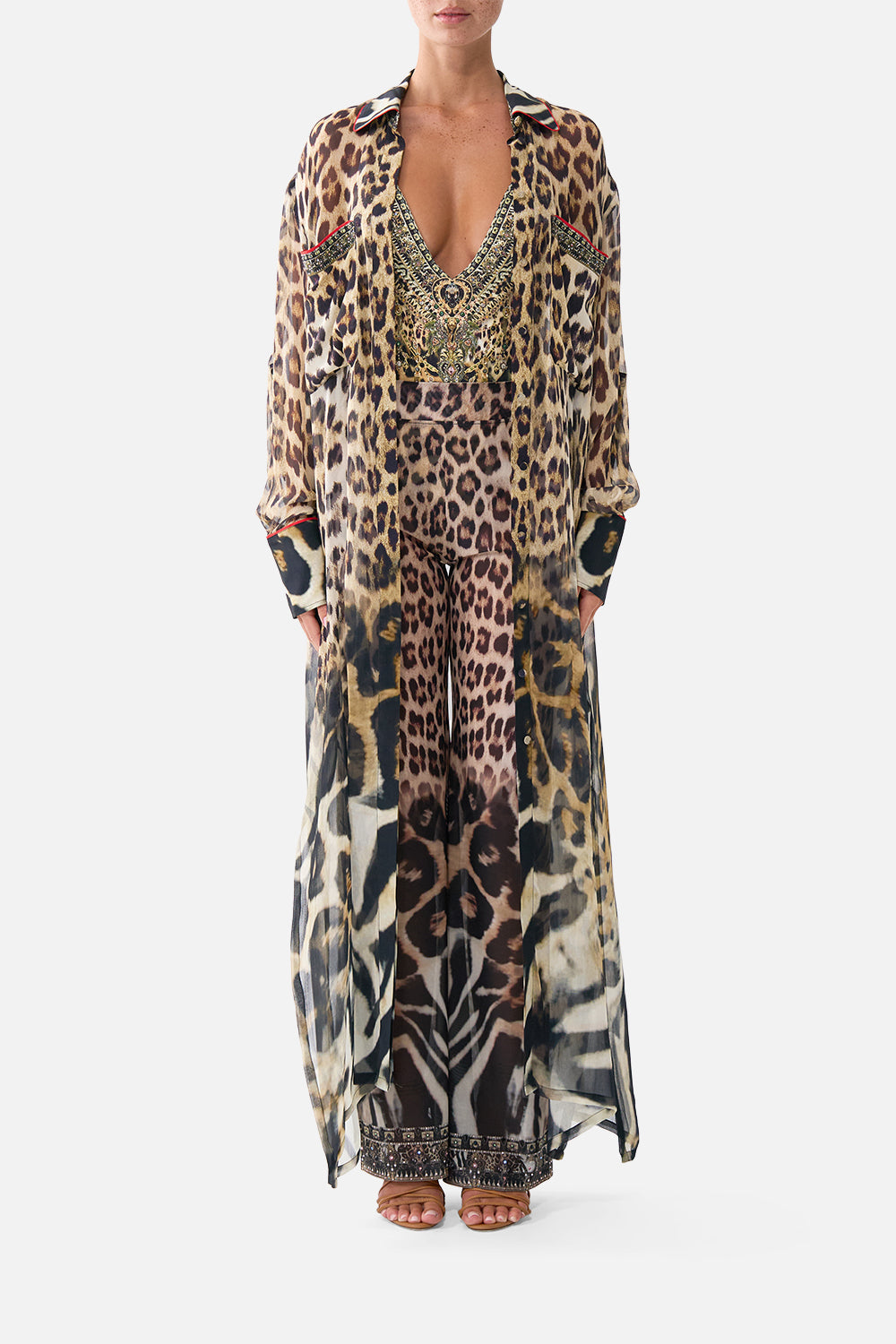 The CAMILLA Button Front Long Dress Leotigra Land in our Leotigra Land print.
