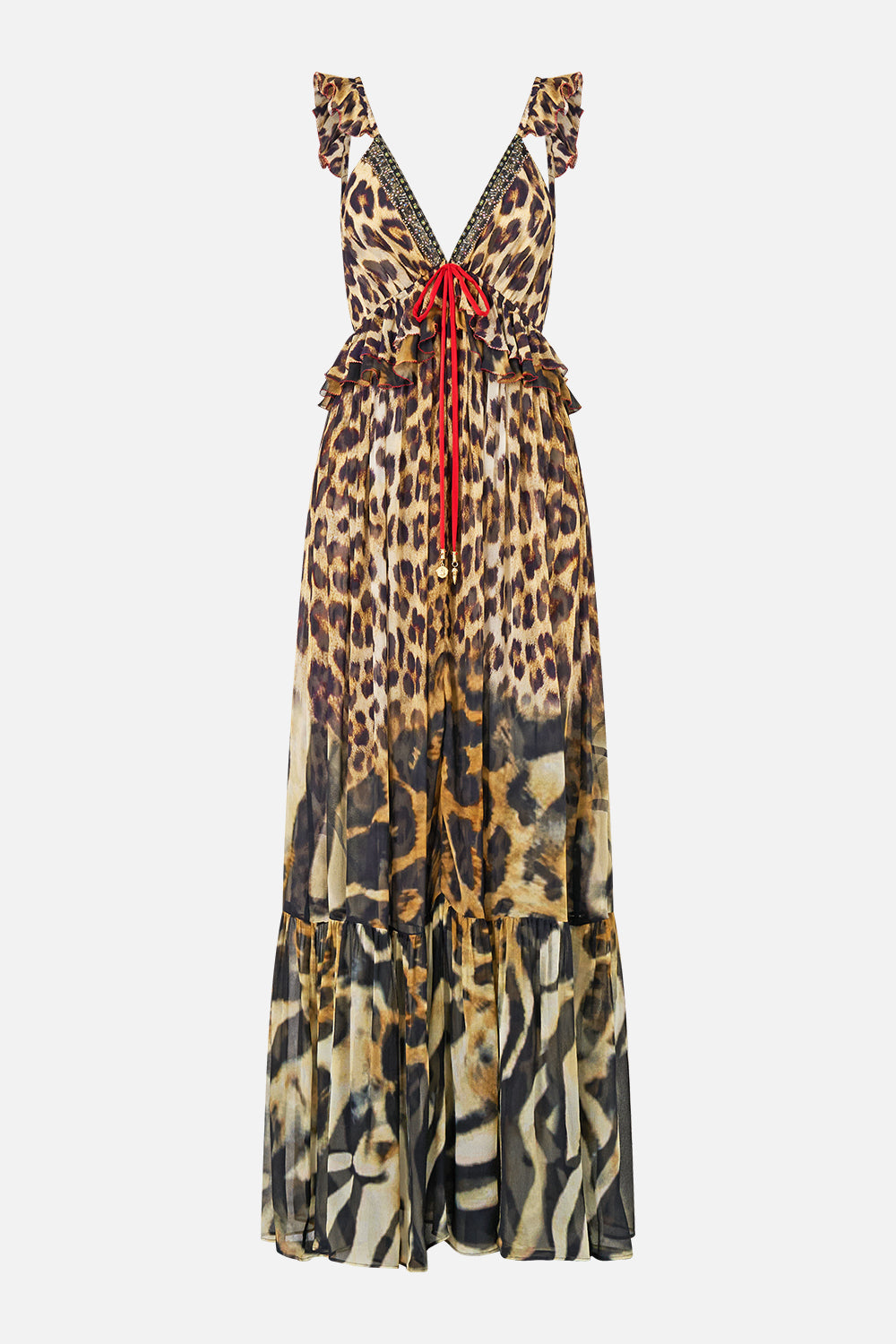 The CAMILLA Frill Bralette Long Dress in our Leotigra Land print, front view.