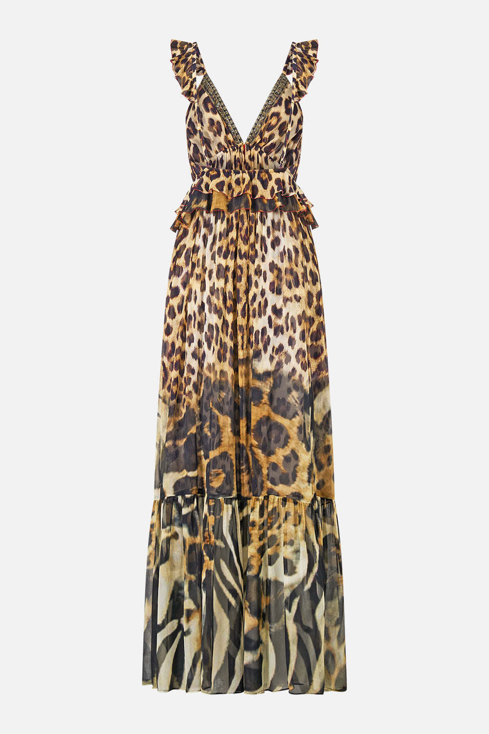The CAMILLA Frill Bralette Long Dress Leotigra Land in our Leotigra Land print.