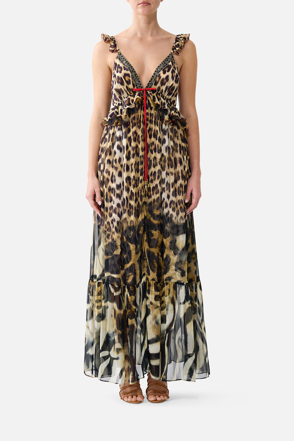 The CAMILLA Frill Bralette Long Dress Leotigra Land in our Leotigra Land print.