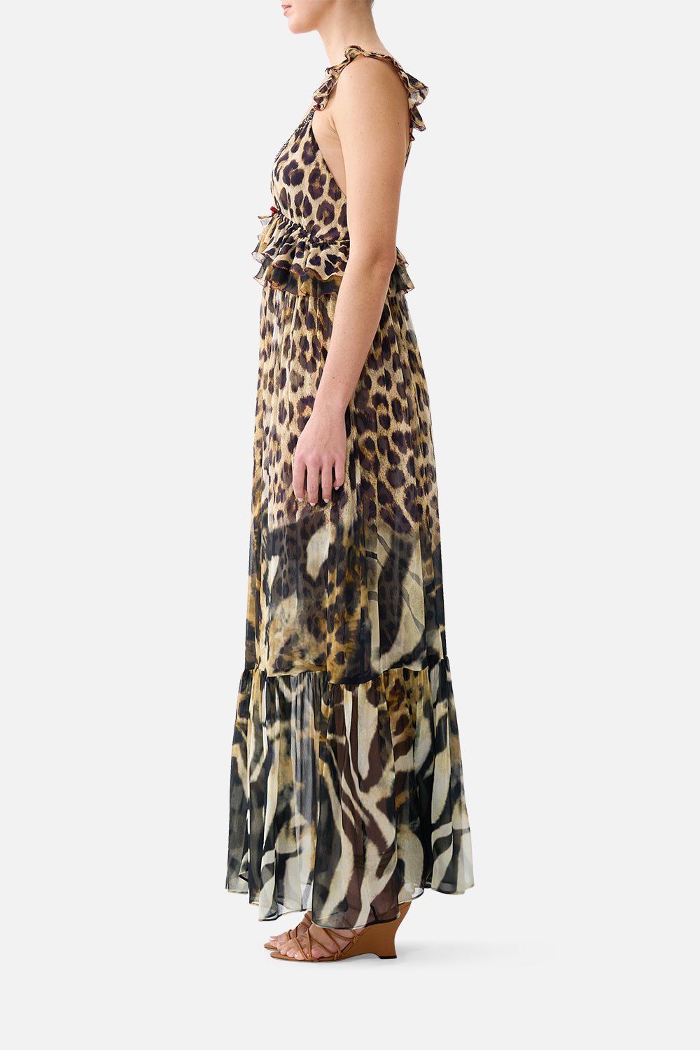 The CAMILLA Frill Bralette Long Dress in our Leotigra Land print, side view on model.
