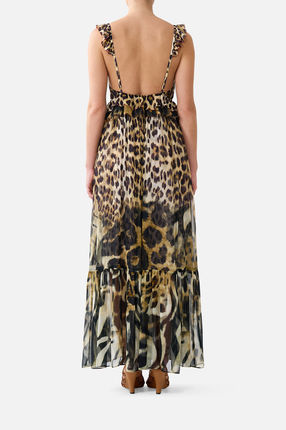 The CAMILLA Frill Bralette Long Dress in our Leotigra Land print, back view on model.