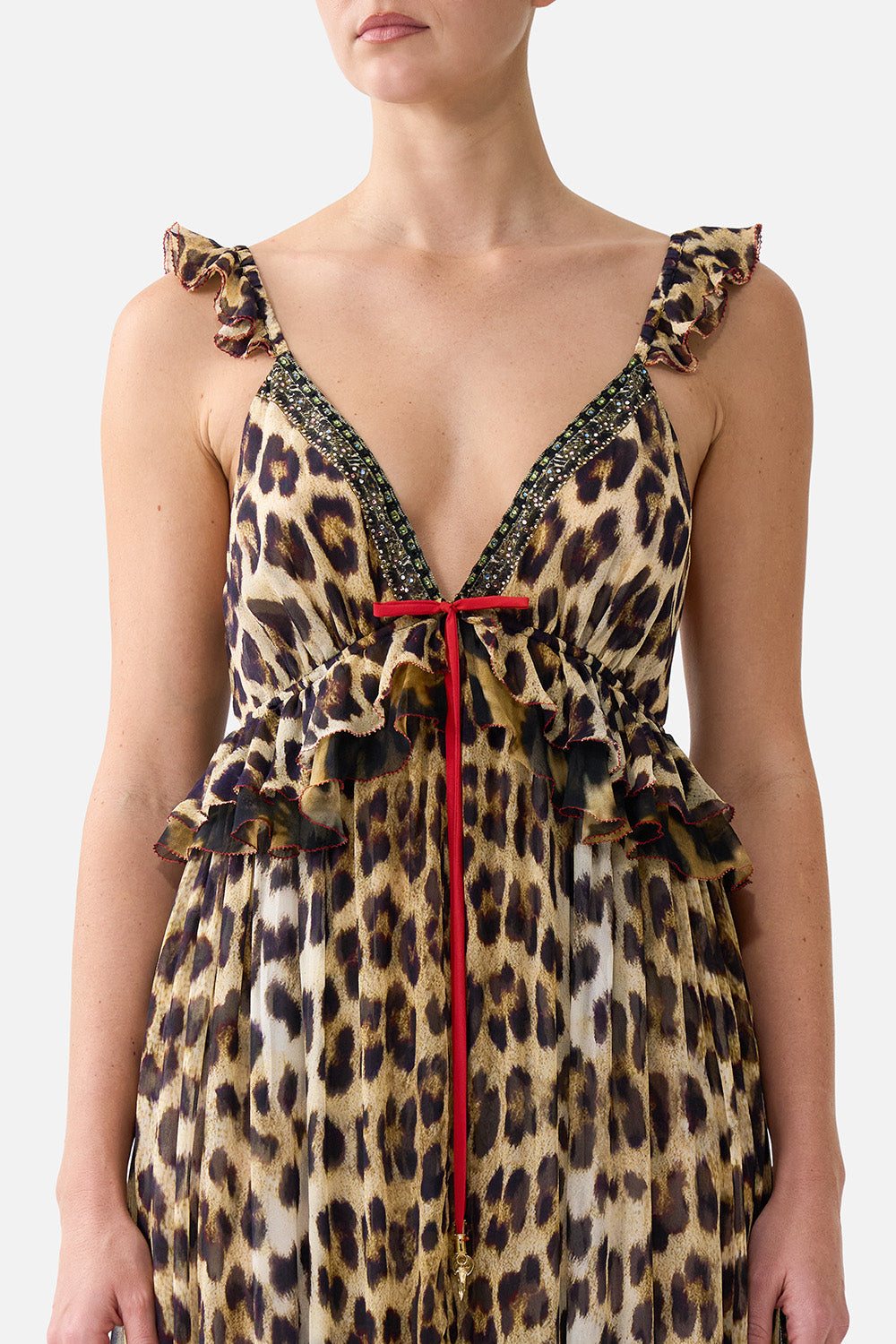 The CAMILLA Frill Bralette Long Dress Leotigra Land in our Leotigra Land print.