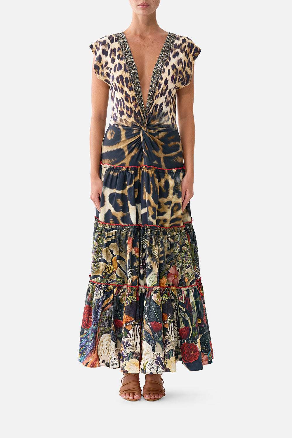 The CAMILLA Cap Sleeve Twist Front Midi Dress Leotigra Land in our Leotigra Land print.