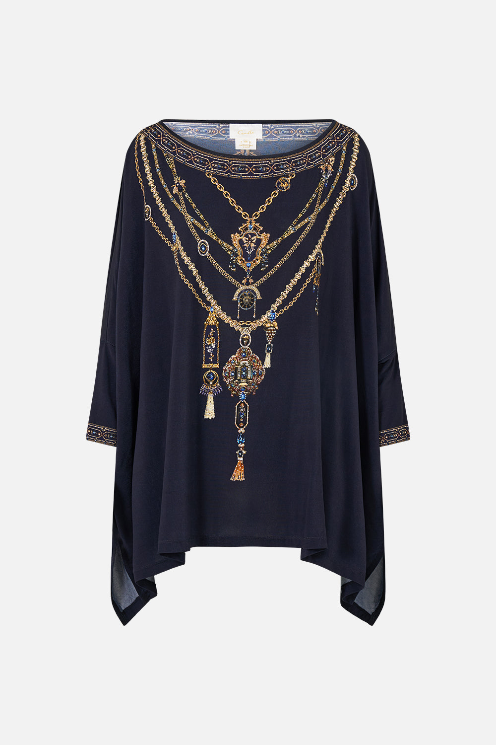 The CAMILLA Scoop Neck Slouch Tee in our Cloaked in Baroque print, front view.