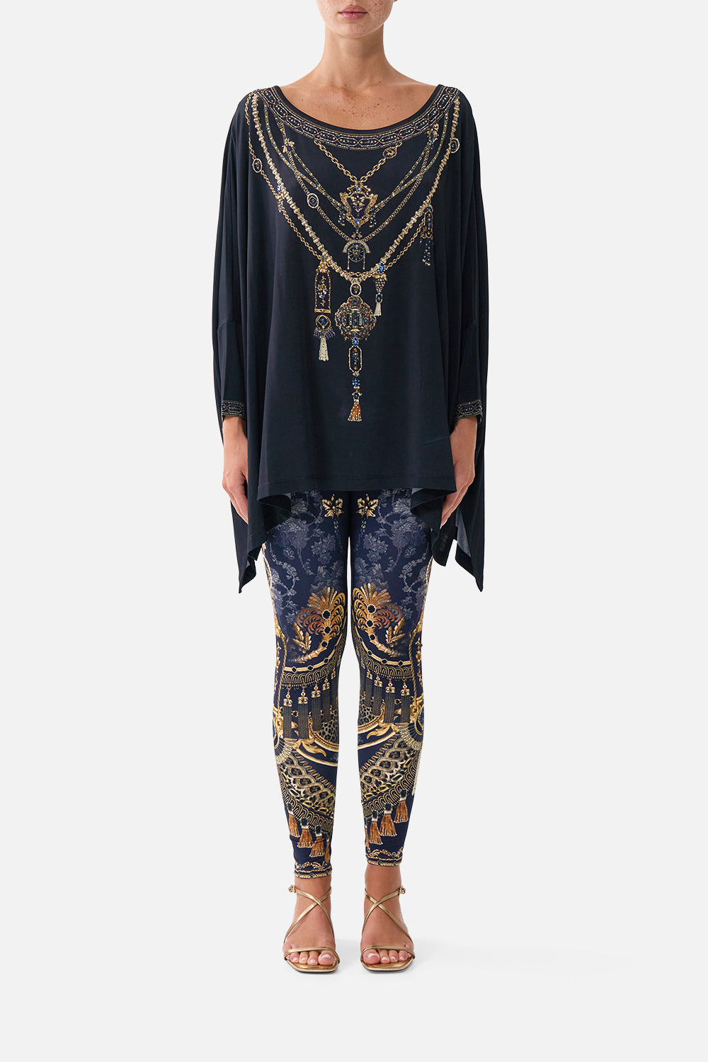 The CAMILLA Scoop Neck Slouch Tee in our Cloaked in Baroque print, front view on model.