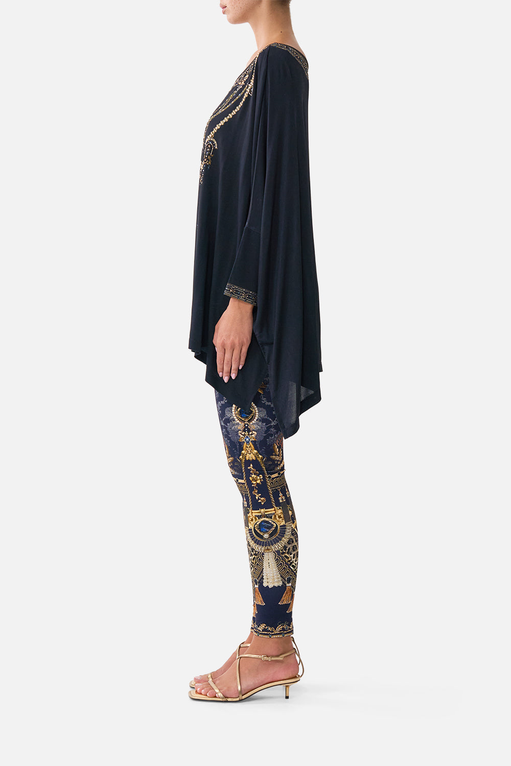 The CAMILLA Scoop Neck Slouch Tee in our Cloaked in Baroque print, side view on model.
