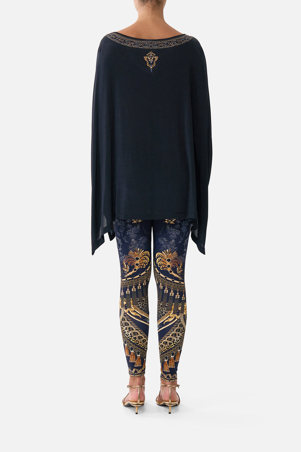 The CAMILLA Scoop Neck Slouch Tee in our Cloaked in Baroque print, back view on model.