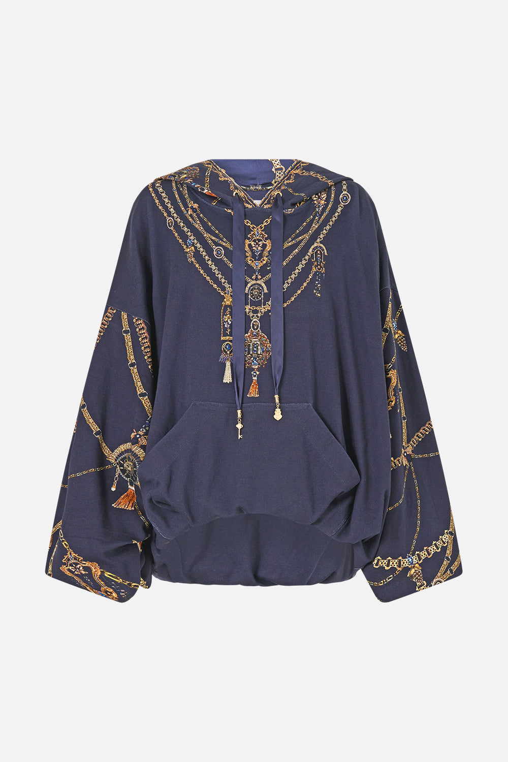The CAMILLA Oversized Slouch Hoodie in our Cloaked in Baroque print, front view.