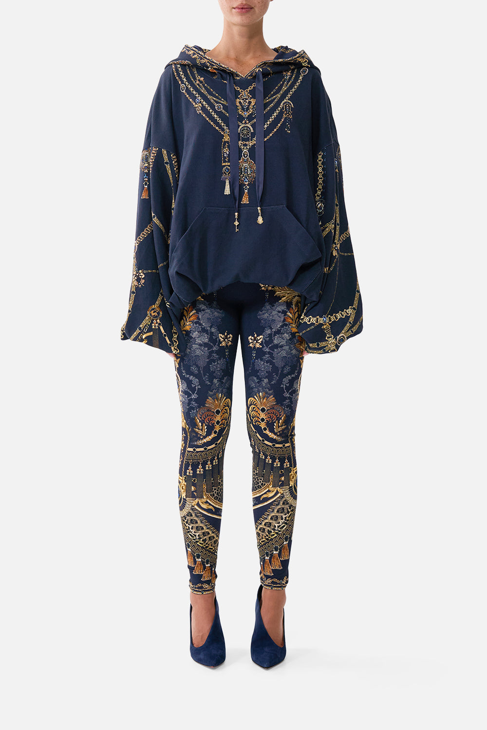 The CAMILLA Oversized Slouch Hoodie in our Cloaked in Baroque print, front view on model.