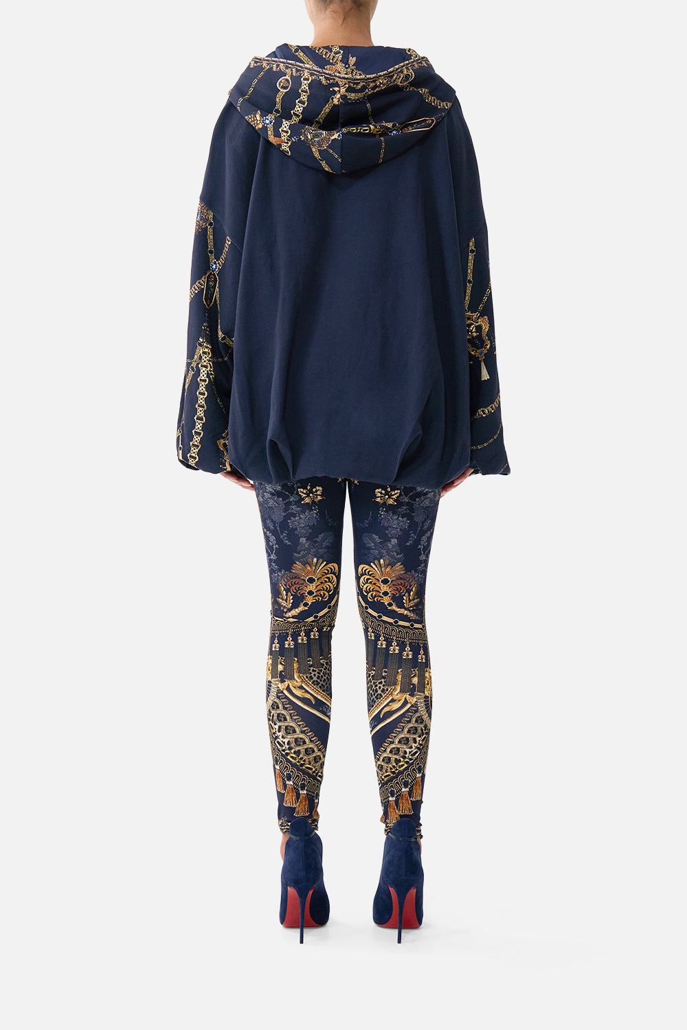 The CAMILLA Oversized Slouch Hoodie in our Cloaked in Baroque print, back view on model.