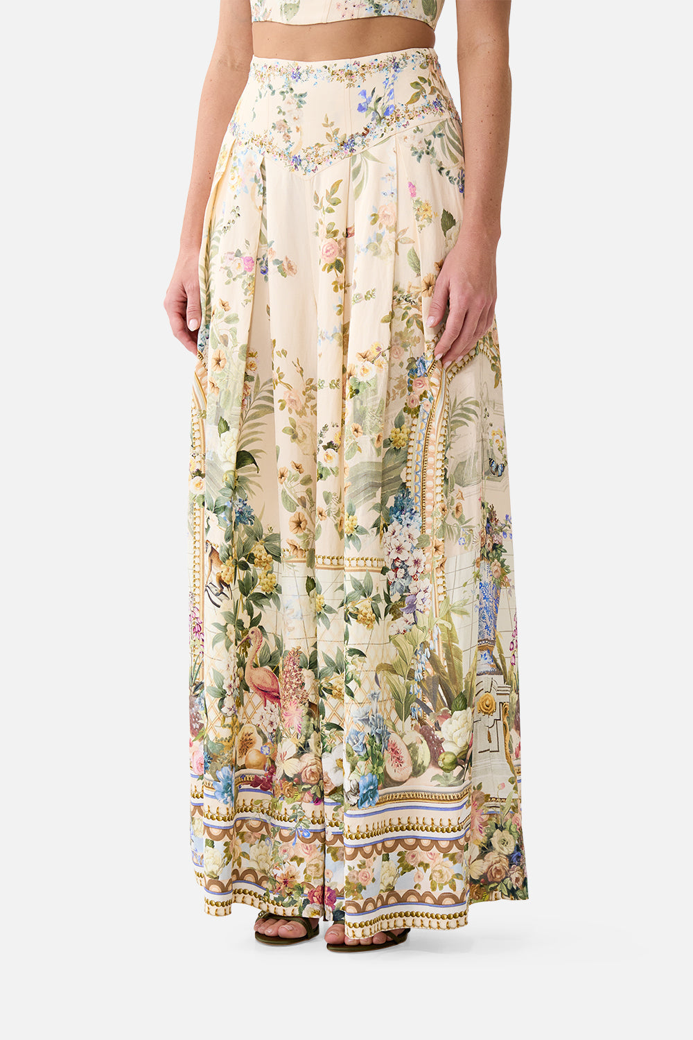 The CAMILLA ASYMMETRIC FRILL PANELLED DRESS WILDFLOWER WUNDERLAND in our  print.