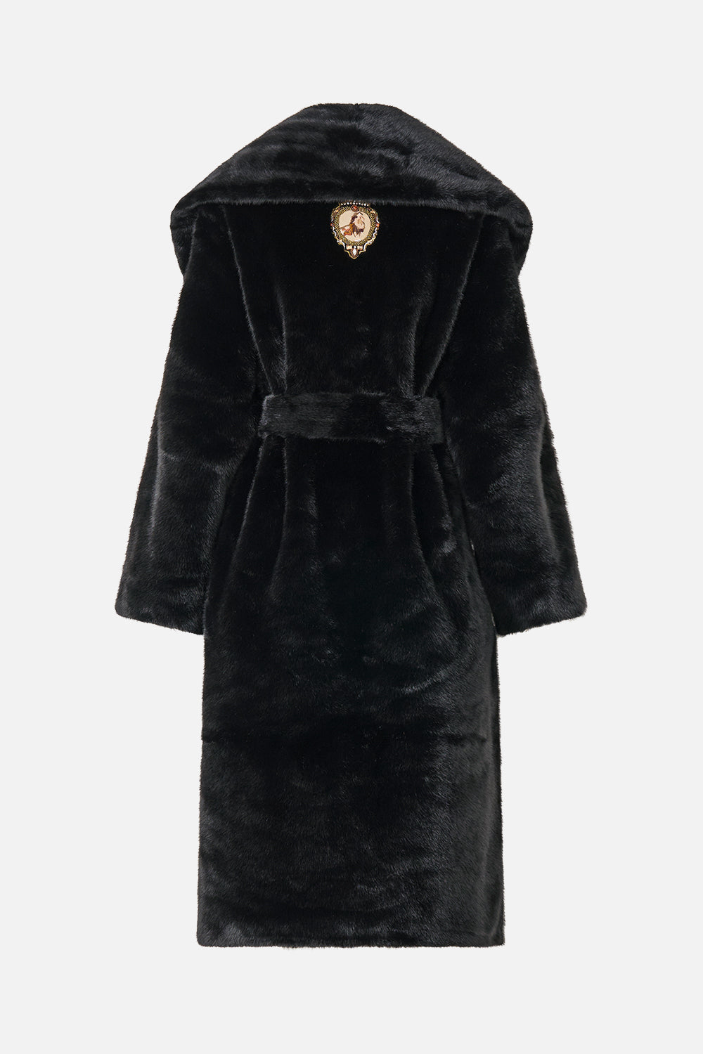 The CAMILLA FAUX FUR LONG WRAP COAT NIGHT GARDEN