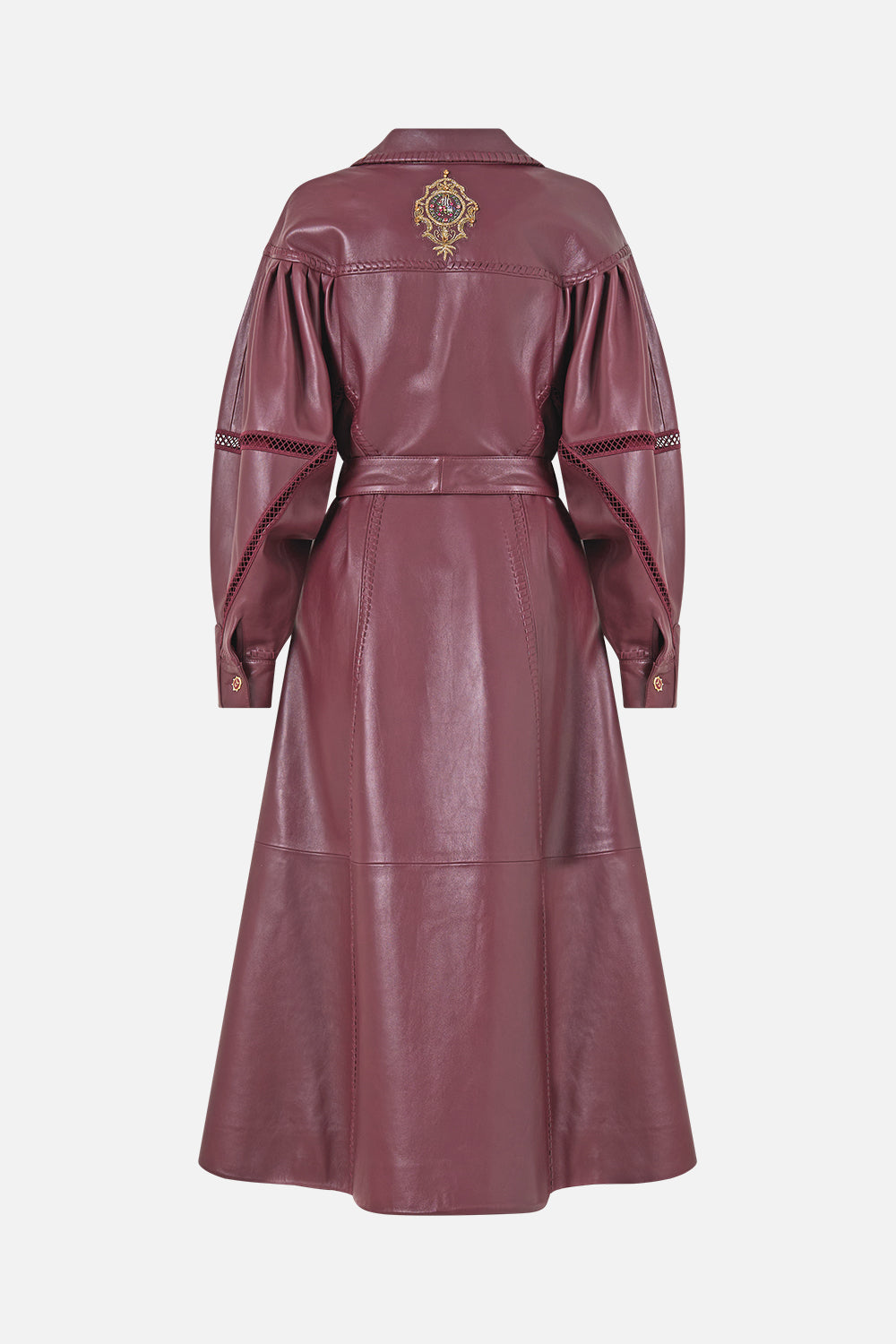 The CAMILLA Leather Coat with Tucked Sleeves in our Call Me a Carriage print, back view.