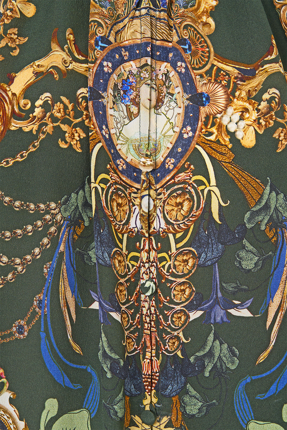 The CAMILLA Raglan Button Up Shirt in our The Secession Sessions print, fabric detail.