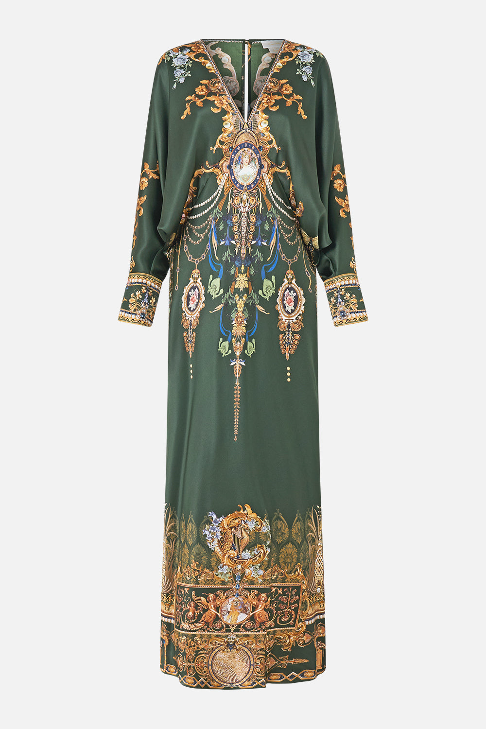 The CAMILLA Plunge Neck Draped Shoulder Dress in our The Secession Sessions print, front view.