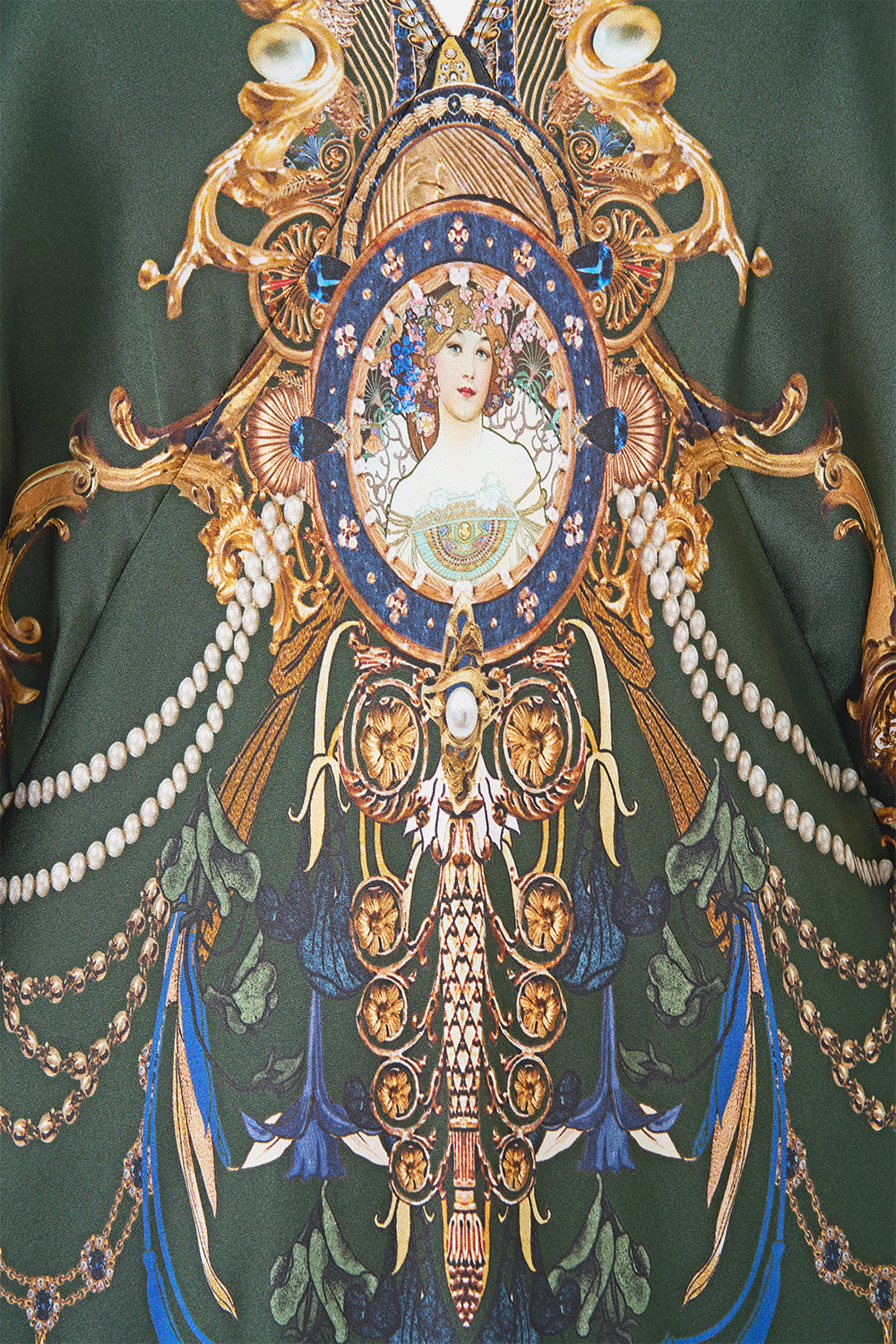 The CAMILLA Plunge Neck Draped Shoulder Dress in our The Secession Sessions print, back view.