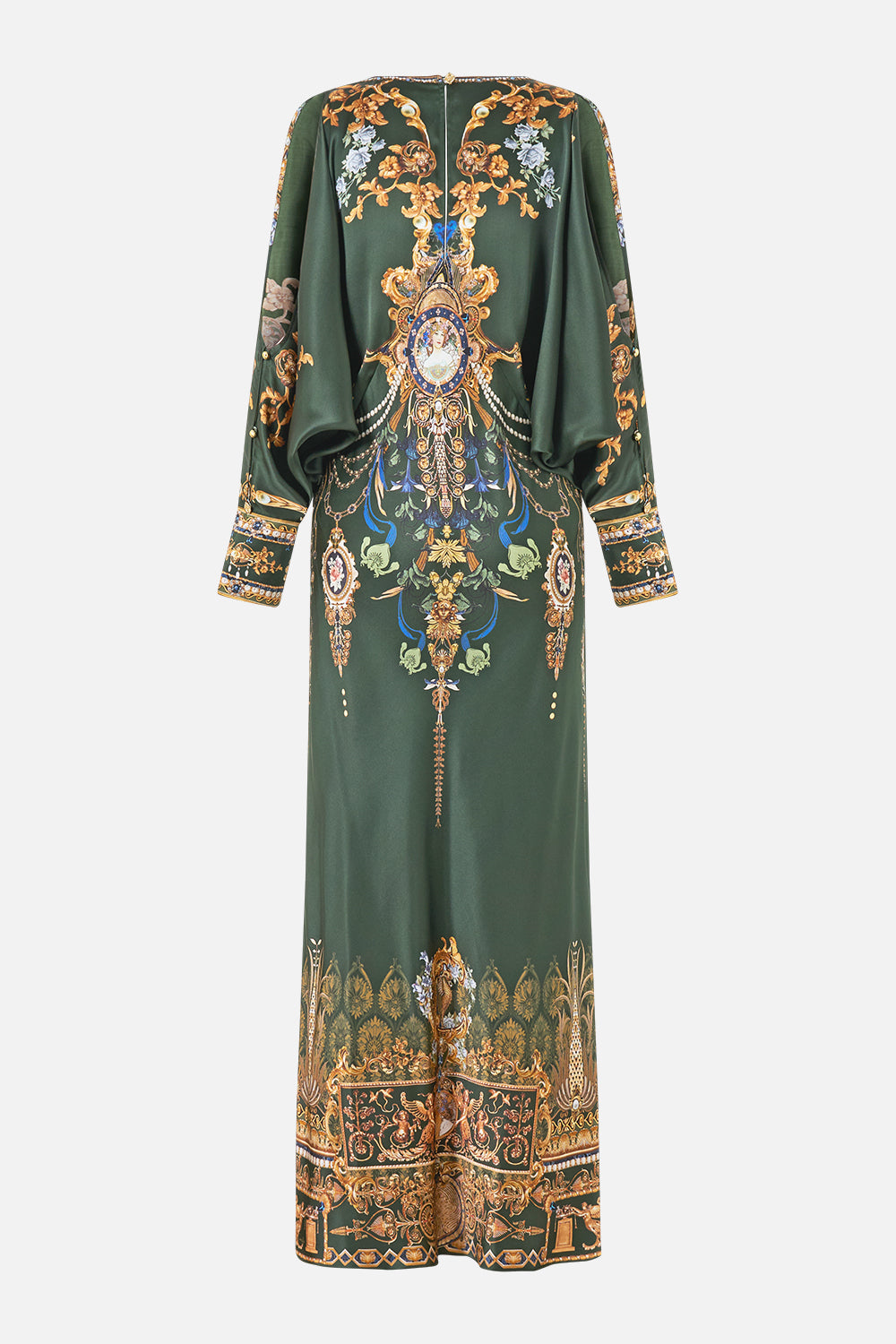 The CAMILLA Plunge Neck Draped Shoulder Dress in our The Secession Sessions print, fabric detail.