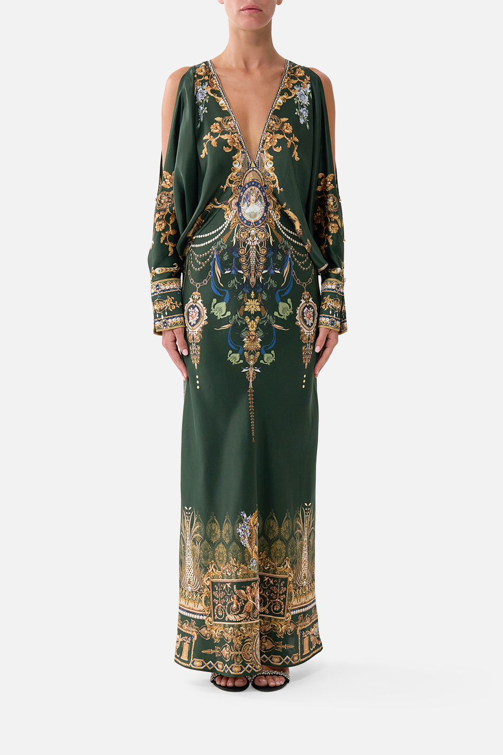 The CAMILLA Plunge Neck Draped Shoulder Dress in our The Secession Sessions print, front view on model.