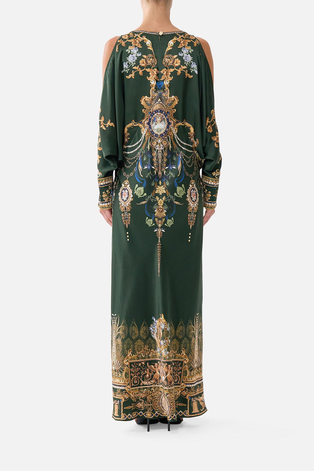 The CAMILLA Plunge Neck Draped Shoulder Dress in our The Secession Sessions print, back view on model.